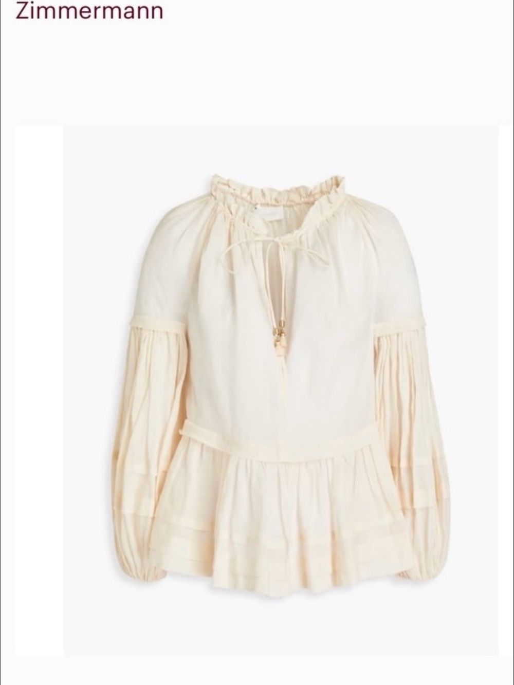 Zimmermann Cream Ruffle Tie-Neck Peasant Tunic Blouse